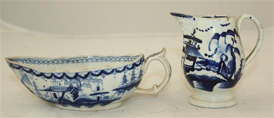 A Bow blue and white sauceboat, c.1753 and an English porcelain blue and white cream jug, late 18th century, height 8.7cm